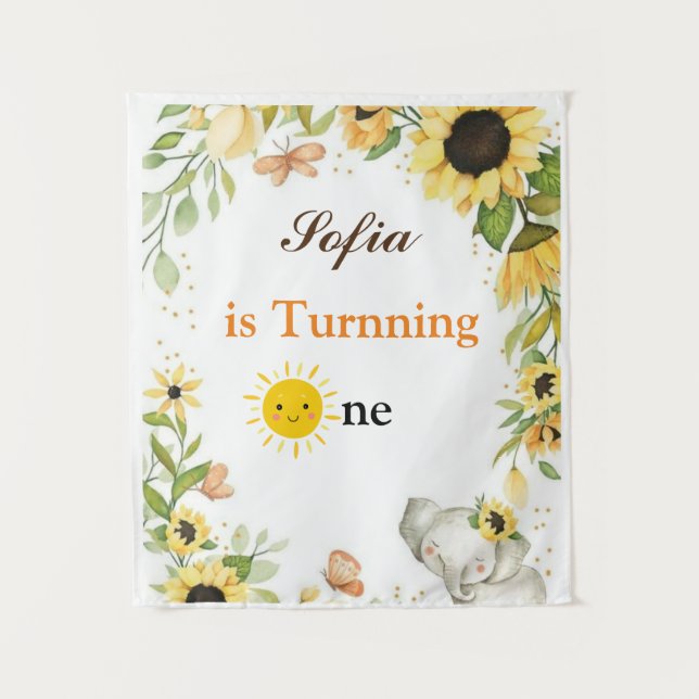 Elephant and Sunflower Animal First Birthday Tapestry (Front)