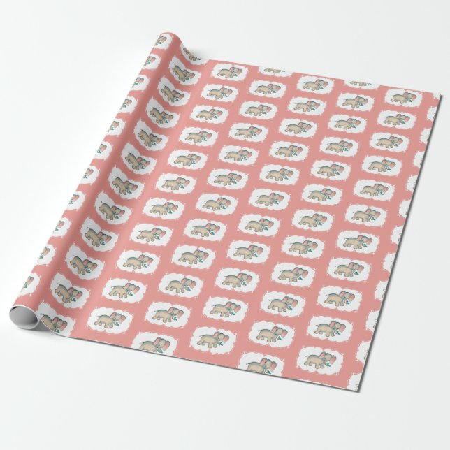 Elephant and The Bluebird illustration on pink Wrapping Paper (Unrolled)