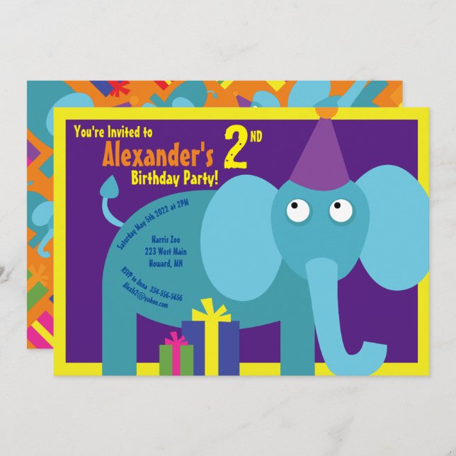 Elephant Animal Kid's Birthday Party Invitations (Front/Back)