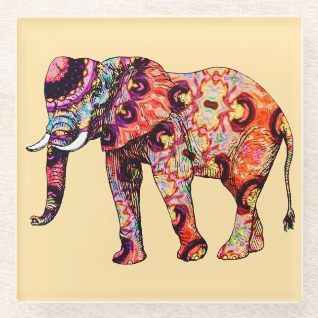 Elephant Animal Traditional Chinese Patterns  Glass Coaster (Front)
