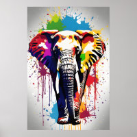 Elephant Art, Wildlife Splatter Art Rainbow Colour
