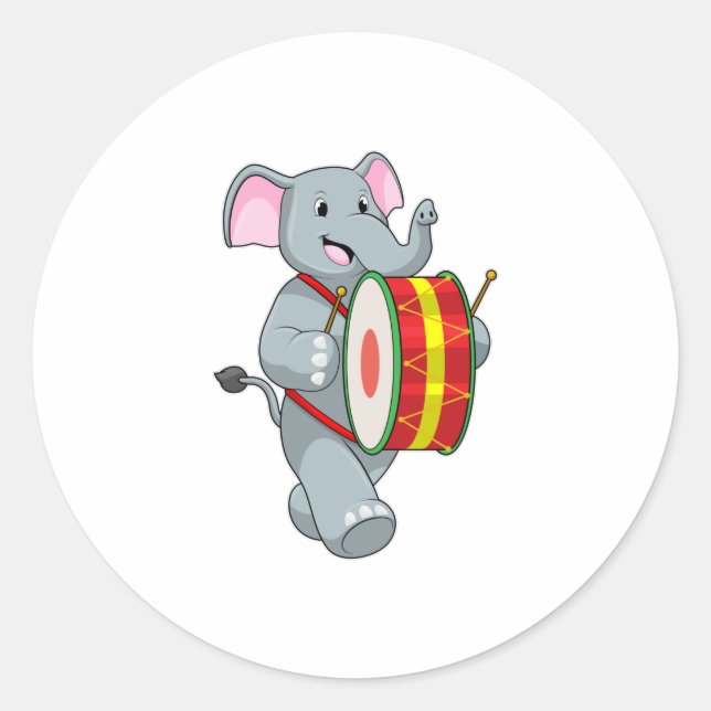 Elephant as Musician with Drum Classic Round Sticker (Front)
