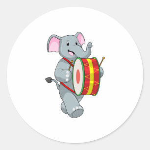 Elephant as Musician with Drum Classic Round Sticker