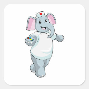 Elephant as Nurse with Medicine Square Sticker
