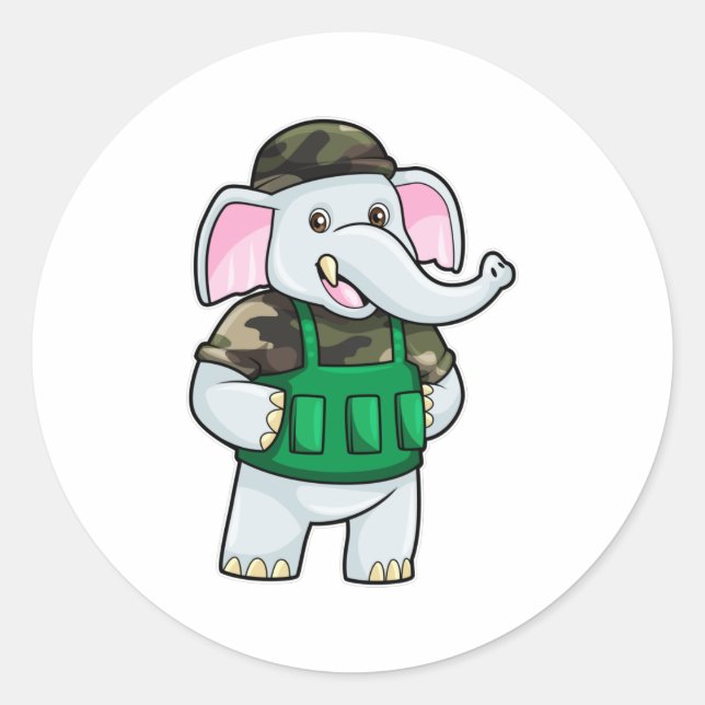 Elephant as Soldier with Uniform & Helmet Classic Round Sticker (Front)