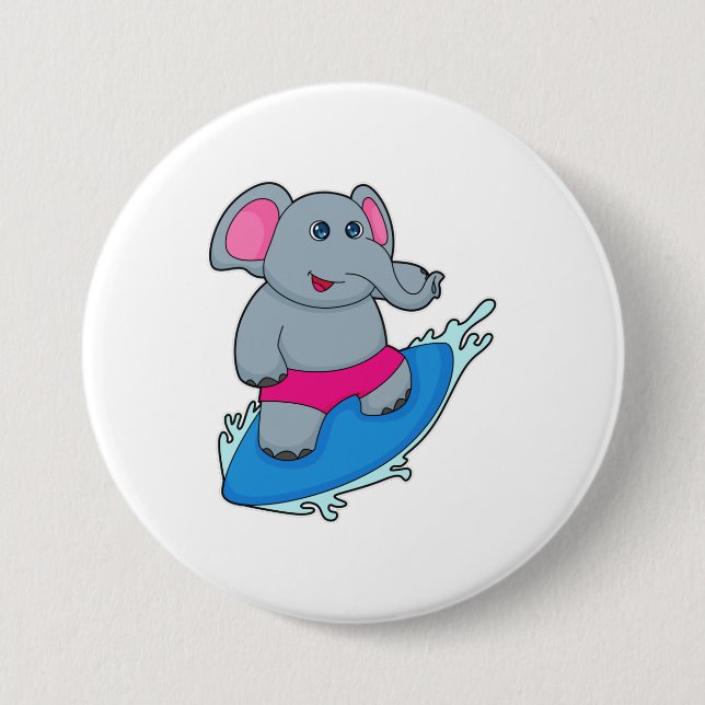Elephant as Surfer with Surfboard 7.5 Cm Round Badge (Front)
