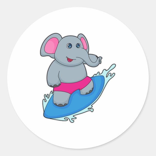 Elephant as Surfer with Surfboard Classic Round Sticker (Front)