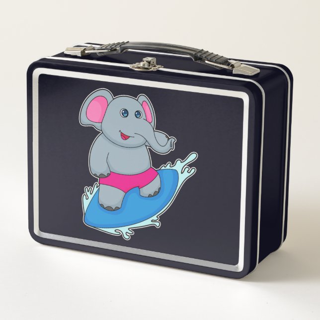 Elephant as Surfer with Surfboard Metal Lunch Box (Front)