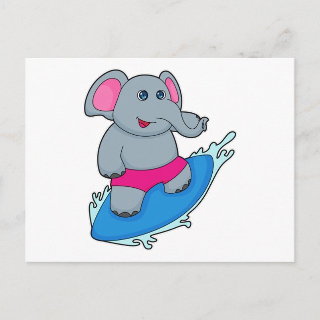 Elephant as Surfer with Surfboard Postcard (Front)