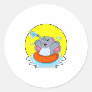 Elephant at Swimming with Lifebuoy Classic Round Sticker