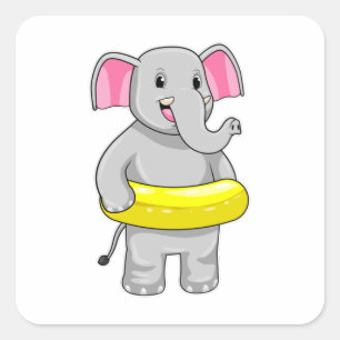 Elephant at Swimming with Lifebuoy Square Sticker