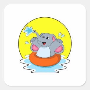 Elephant at Swimming with Lifebuoy Square Sticker