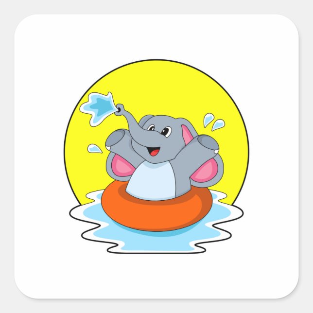 Elephant at Swimming with Lifebuoy Square Sticker (Front)