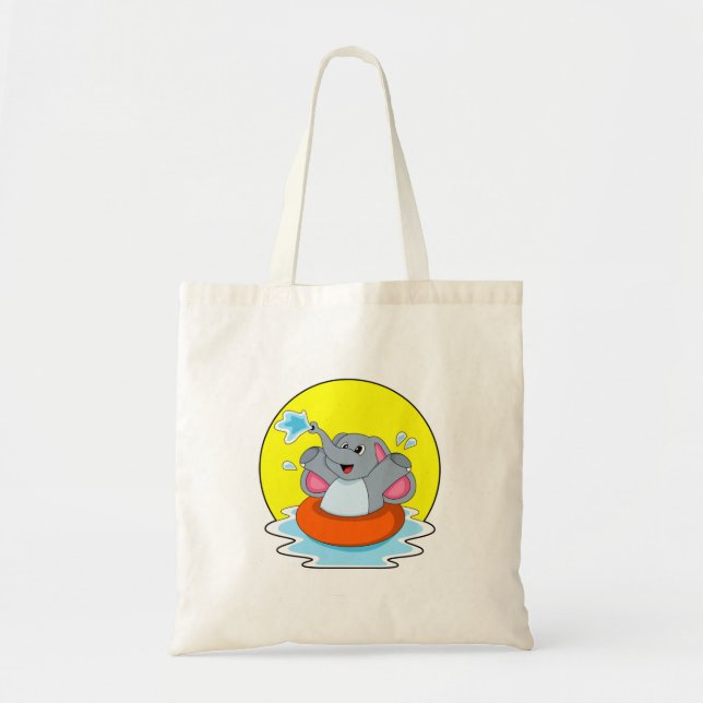 Elephant at Swimming with Lifebuoy Tote Bag (Front)