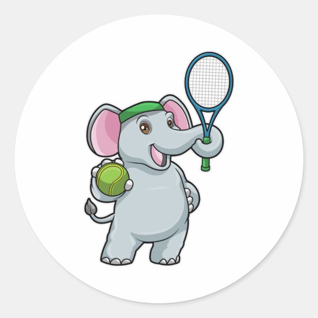 Elephant at Tennis with Tennis racket Classic Round Sticker (Front)