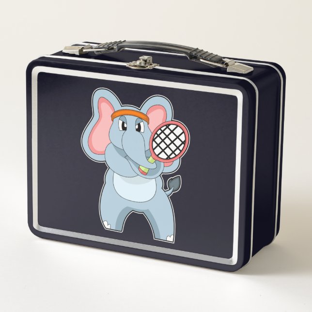 Elephant at Tennis with Tennis racket Metal Lunch Box (Front)