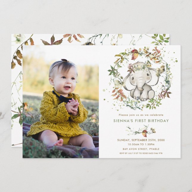 Elephant Autumn Fall Gender Neutral Birthday Photo Invitation (Front/Back)