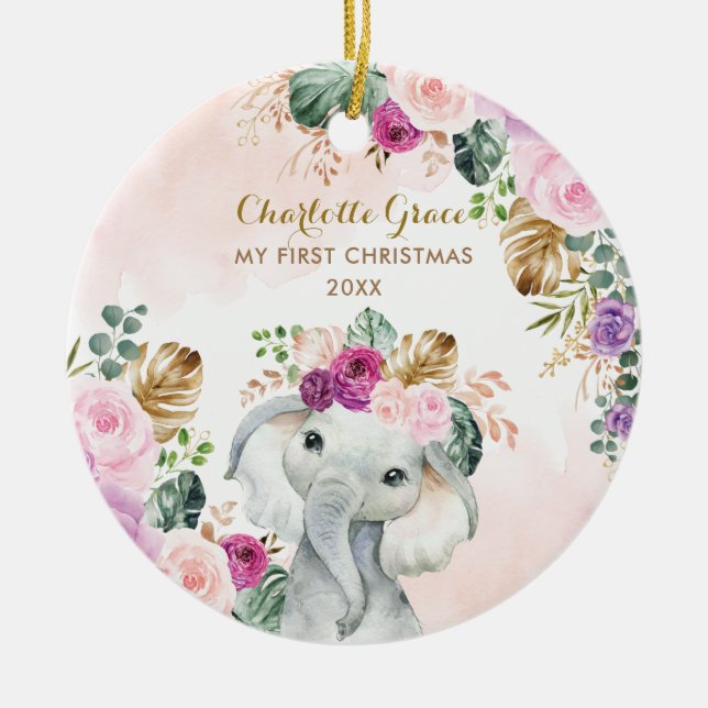 Elephant Baby 1st Christmas Blush Floral Greenery Ceramic Tree Decoration (Front)
