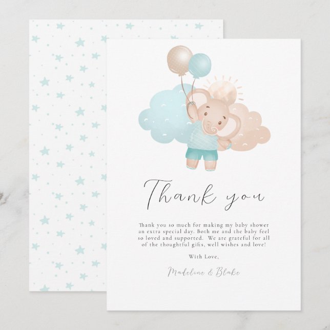 Elephant Baby Boy Baby Shower Thank You Card (Front/Back)