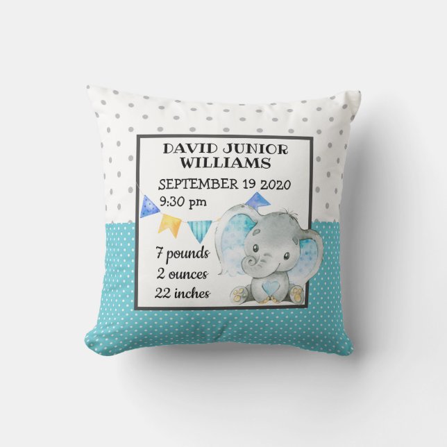 Elephant Baby Boy Birth Stats Nursery Cushion (Front)