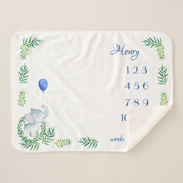 Elephant Baby Boy Milestone Monthly Weekly Sherpa Blanket (Front (Horizontal))