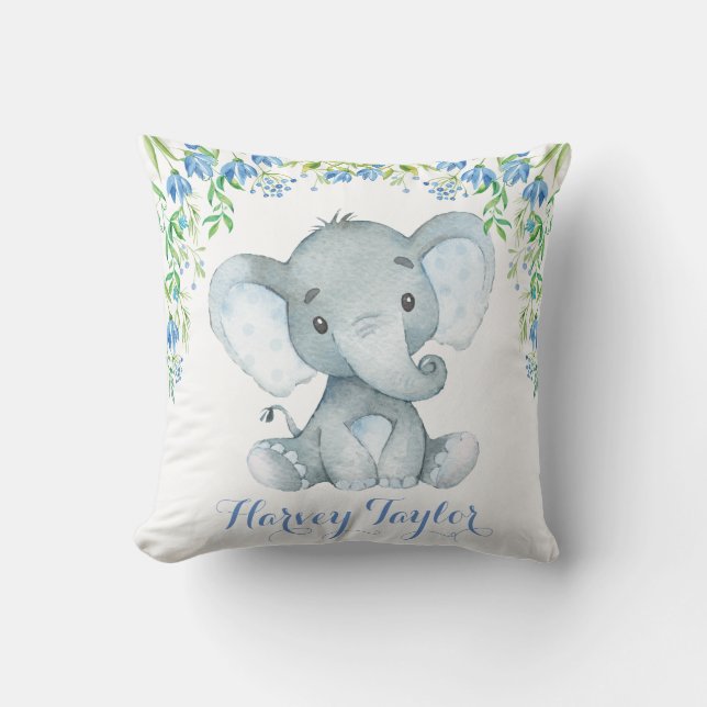 Elephant Baby Boy Nursery Pastel Blue Flowers Cushion (Front)