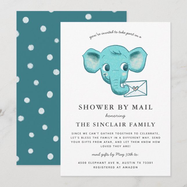 Elephant Baby Boy Shower By Mail Invitation (Front/Back)