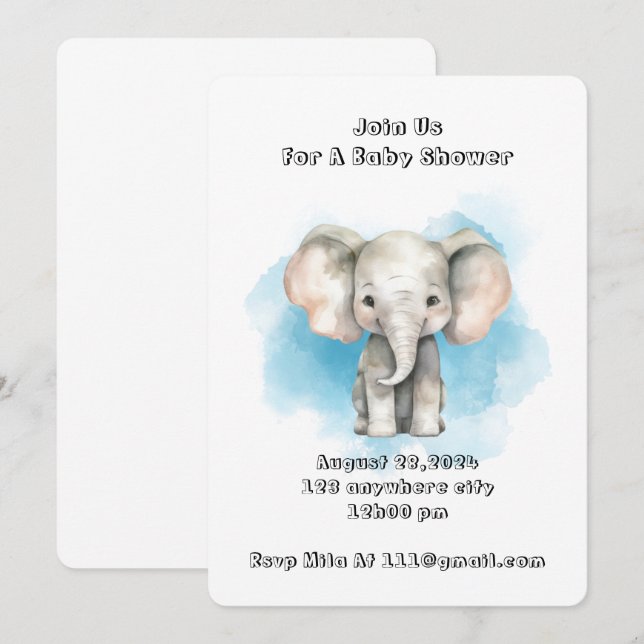 Elephant baby boy shower invitation  (Front/Back)