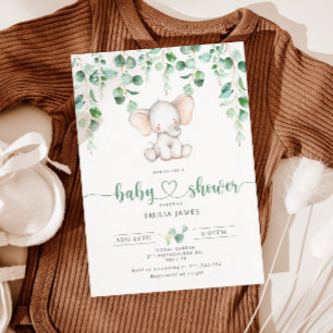 Elephant baby boy shower invitation. Eucalyptus Invitation