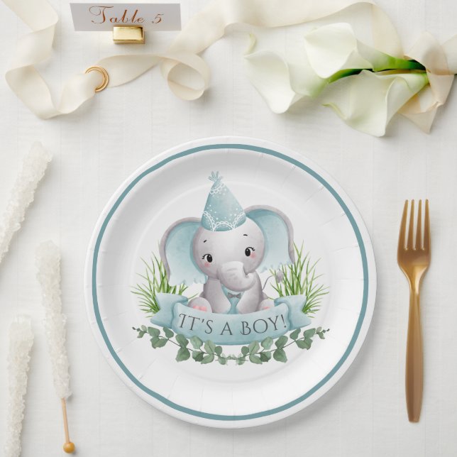 Elephant Baby Boys Baby Shower Paper Plate (Wedding)