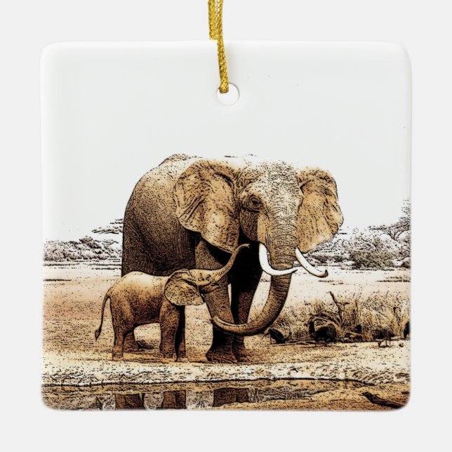 Elephant & Baby Elephant Ceramic Ornament (Front)