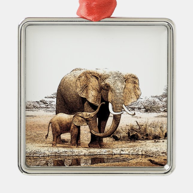 Elephant & Baby Elephant Metal Tree Decoration (Front)