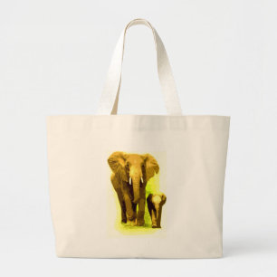 Elephant & Baby Elephant Walking Large Tote Bag