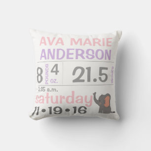 Elephant Baby Girl Announcement Throw Pillow