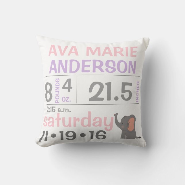 Elephant Baby Girl Announcement Throw Pillow (Front)