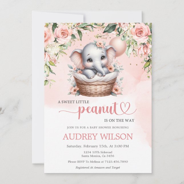 Elephant Baby Girl Baby Shower Little Peanut Invitation (Front)