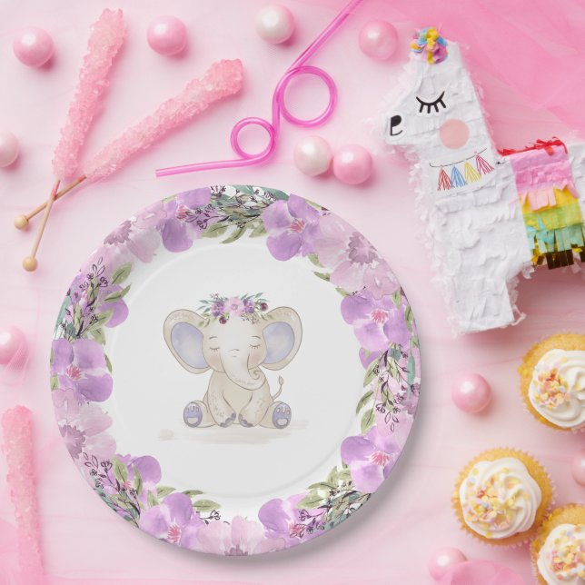 Elephant Baby Girl Baby Shower Paper Plate (Party)
