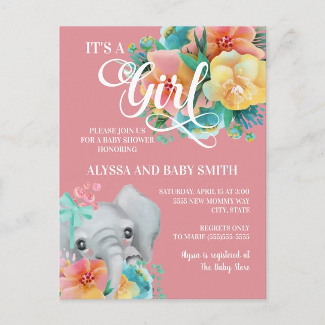 Elephant Baby Girl Baby Shower Pink Yellow Teal Postcard (Front)