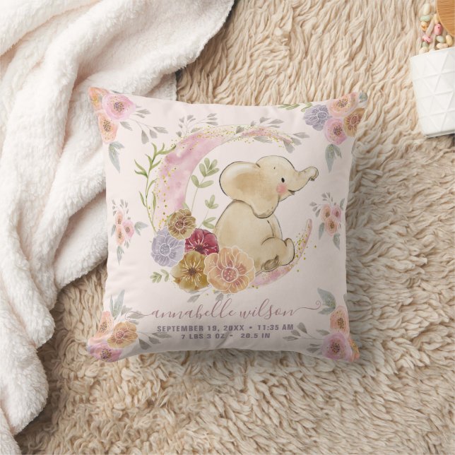 Elephant Baby Girl Birth Stats Photo Cushion (Blanket)