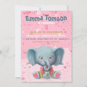 Elephant baby girl birthday invitation