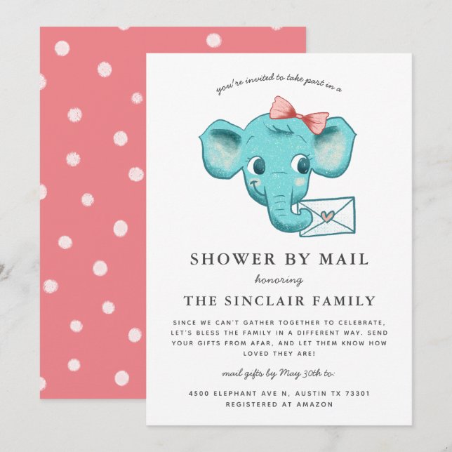 Elephant Baby Girl Shower By Mail Invitation (Front/Back)