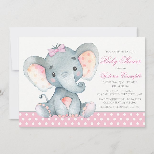Elephant Baby Girl Shower Invitations (Front)