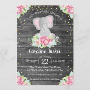 Elephant Baby Girl Shower Rustic Florals Invitation
