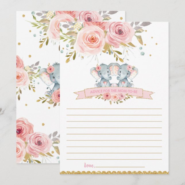 Elephant Baby Girl Twins Advice for Mom to Be Card (Front/Back)