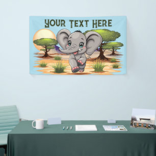 Elephant Baby Jumping Happy in African Savannah Banner