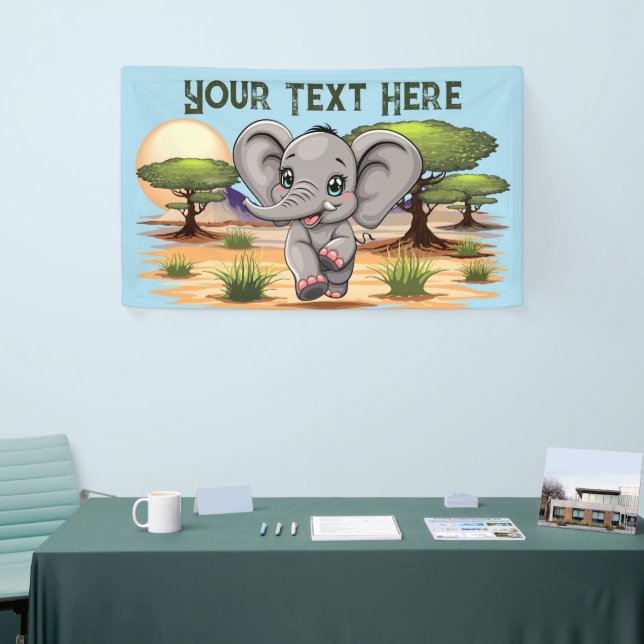Elephant Baby Jumping Happy in African Savannah Banner (Tradeshow)