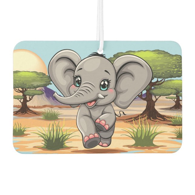 Elephant Baby Jumping Happy in African Savannah Car Air Freshener (Front)