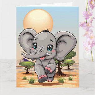 Elephant Baby Jumping Happy in African Savannah Card