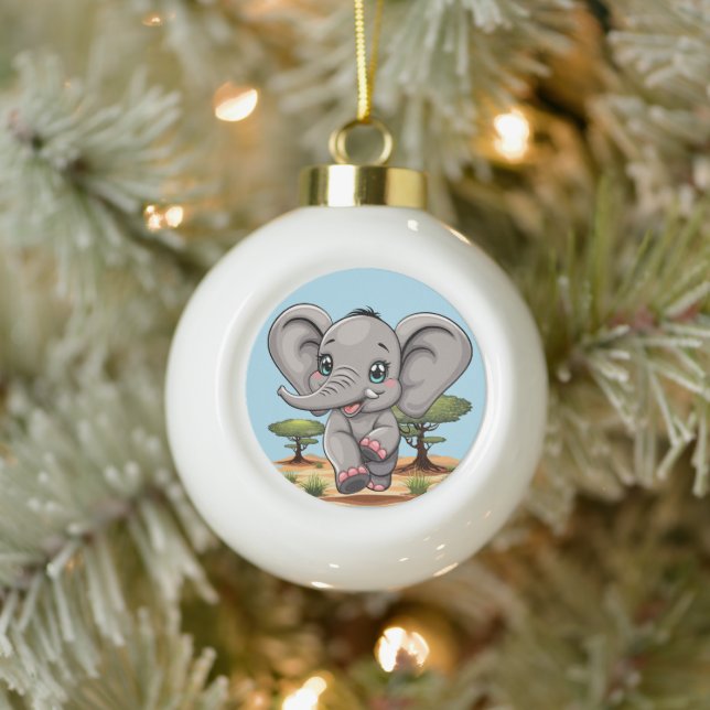 Elephant Baby Jumping Happy in African Savannah Ceramic Ball Christmas Ornament (Tree)