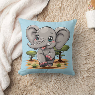 Elephant Baby Jumping Happy in African Savannah Cushion